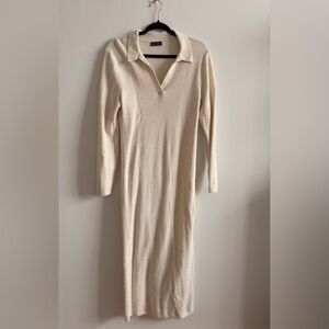 GAP Cream Collared Long-Sleeve Knit Midi Dress